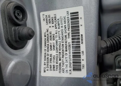 2019 Honda Civic Sport from USA, damaged, VIN 2HGFC2F81KH553671